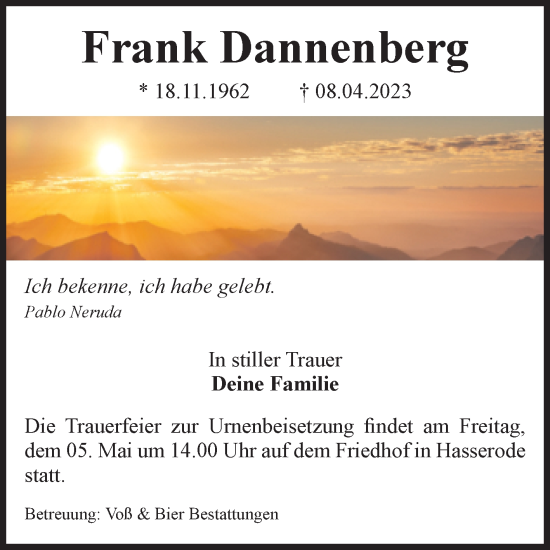 Traueranzeige von Frank Dannenberg von Volksstimme Wernigerode