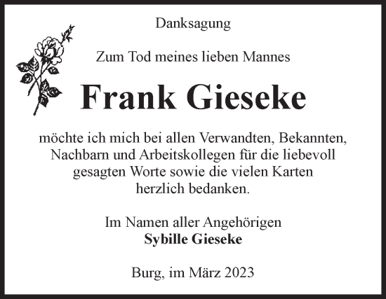 Traueranzeige von Frank Gieseke von Volksstimme Burg/Genthin