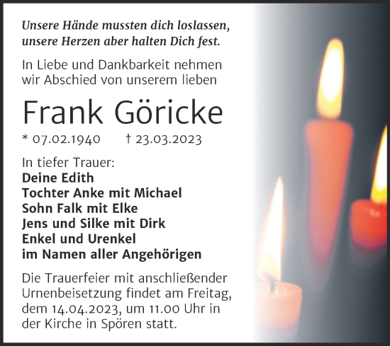 Traueranzeige von Frank Göricke von Trauerkombi Bitterfeld