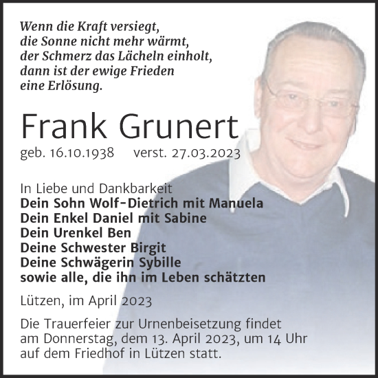 Traueranzeige von Frank Grunert von Trauerkombi Weißenfels