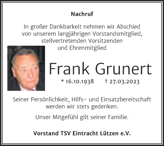 Traueranzeige von Frank Grunert von Trauerkombi Weißenfels
