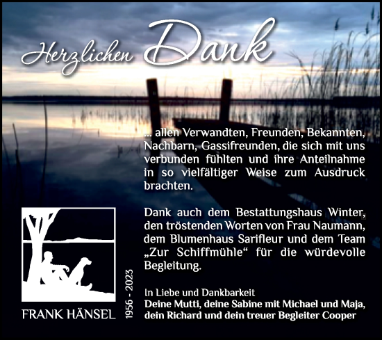 Traueranzeige von Frank Hänsel von Trauerkombi Bitterfeld