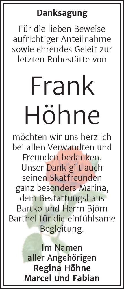 Traueranzeige von Frank Höhne von Trauerkombi Köthen