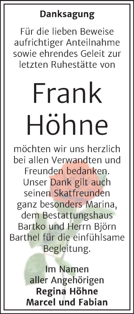 Traueranzeige von Frank Höhne von Trauerkombi Köthen