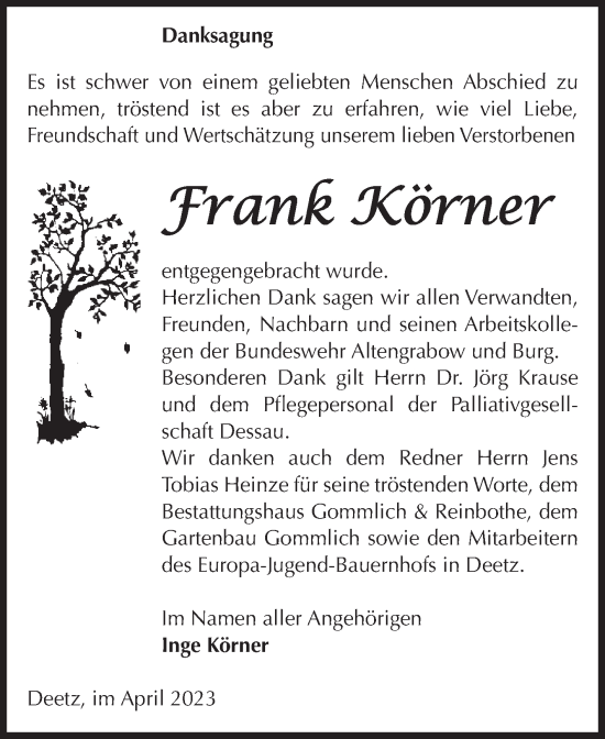 Traueranzeige von Frank Körner von Volksstimme Zerbst
