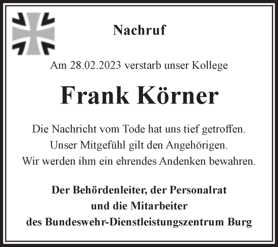 Traueranzeige von Frank Körner von Volksstimme Zerbst