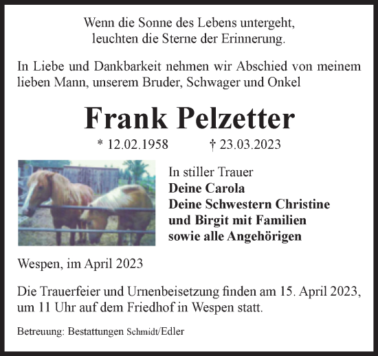 Traueranzeige von Frank Pelzetter von Volksstimme Schönebeck