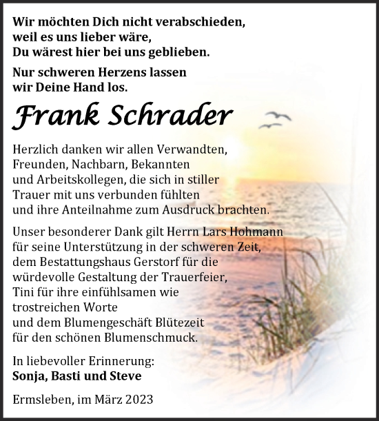 Traueranzeige von Frank Schrader von Trauerkombi Quedlinburg