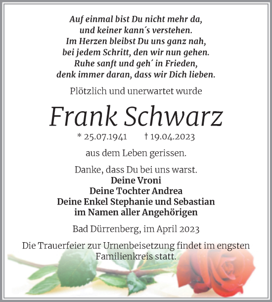 Traueranzeige von Frank Schwarz von Trauerkombi Merseburg