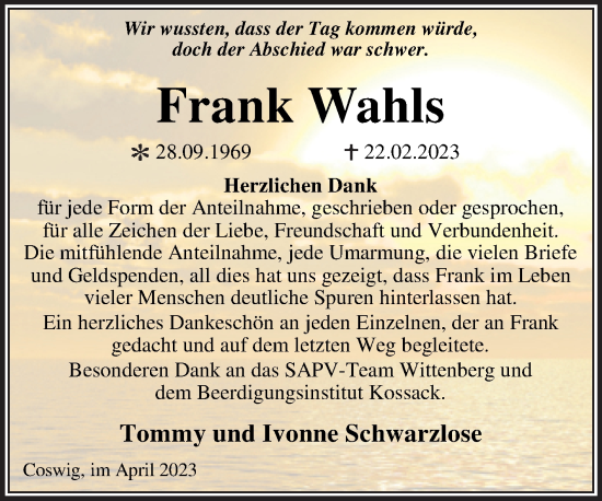 Traueranzeige von Frank Wahls von Trauerkombi Wittenberg