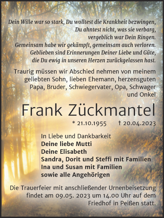 Traueranzeige von Frank Zückmantel von Mitteldeutsche Zeitung Halle/Saalkreis
