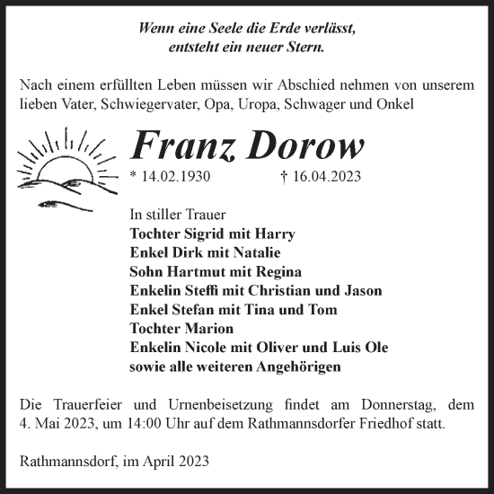 Traueranzeige von Franz Dorow von Volksstimme Staßfurt