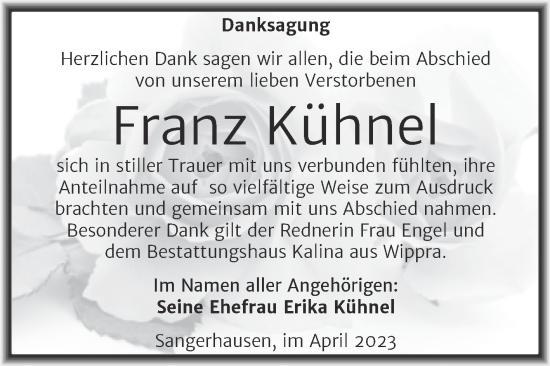 Traueranzeige von Franz Kühnel von Mitteldeutsche Zeitung Sangerhausen
