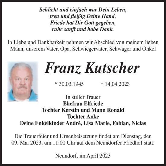 Traueranzeige von Franz Kutscher von Volksstimme Staßfurt