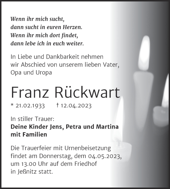 Traueranzeige von Franz Rückwart von Trauerkombi Bitterfeld