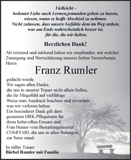 Traueranzeige von Franz Rumler von Trauerkombi Zeitz