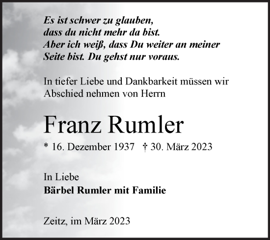 Traueranzeige von Franz Rumler von Trauerkombi Zeitz