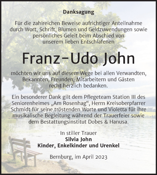 Traueranzeige von Franz-Udo John von Trauerkombi Bernburg