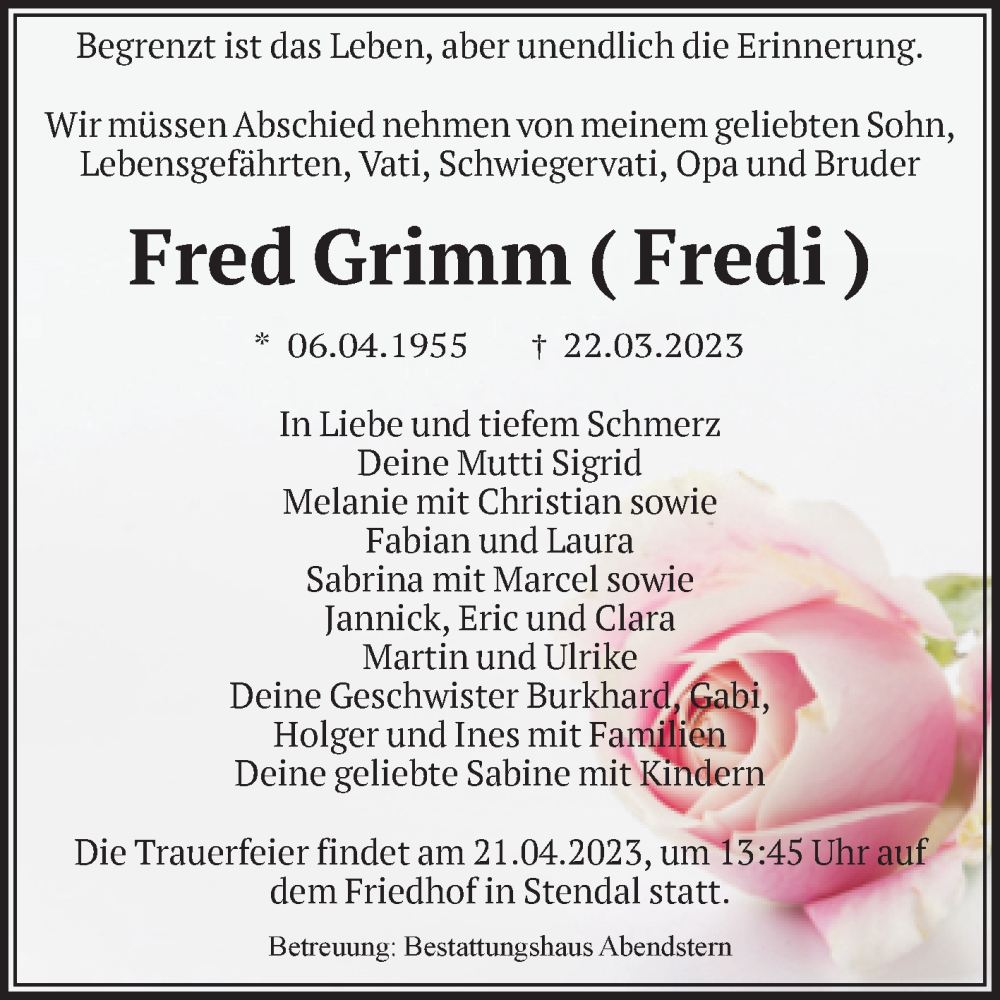  Traueranzeige für Fred Grimm vom 08.04.2023 aus Volksstimme Altmark Ost