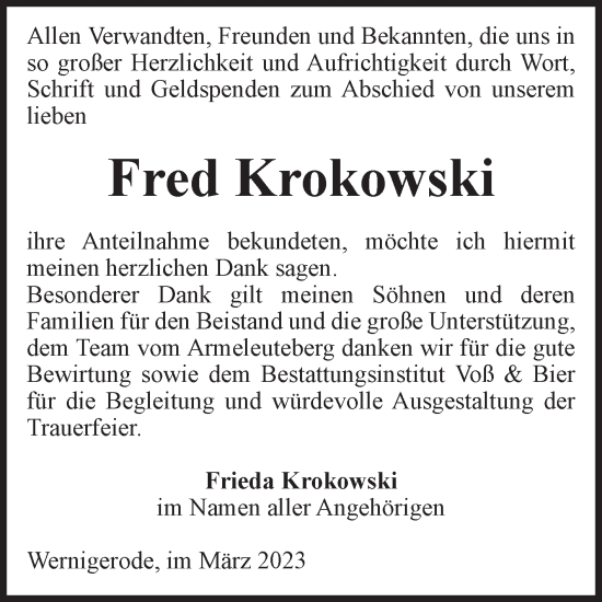 Traueranzeige von Fred Krokowski von Volksstimme Wernigerode