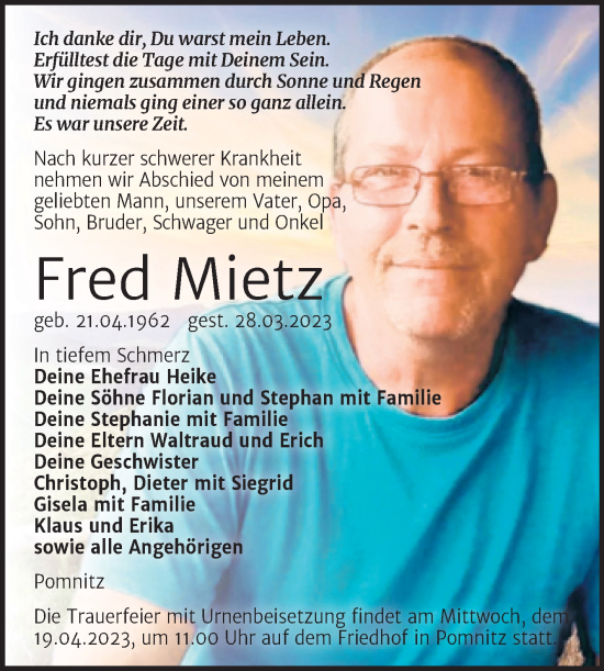 Traueranzeige von Fred Mietz von Wochenspiegel Naumburg/Nebra