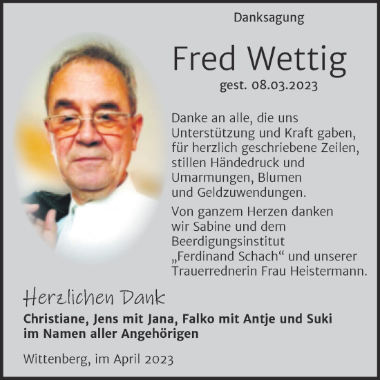 Traueranzeige von Fred Wettig von Trauerkombi Wittenberg