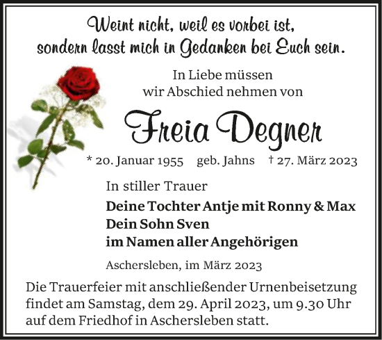 Traueranzeige von Freia Degner von Trauerkombi Aschersleben