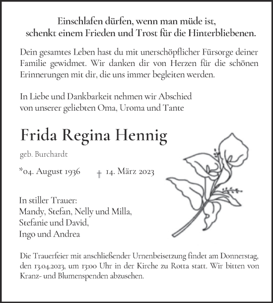 Traueranzeige von Frida Regina Hennig von Trauerkombi Wittenberg