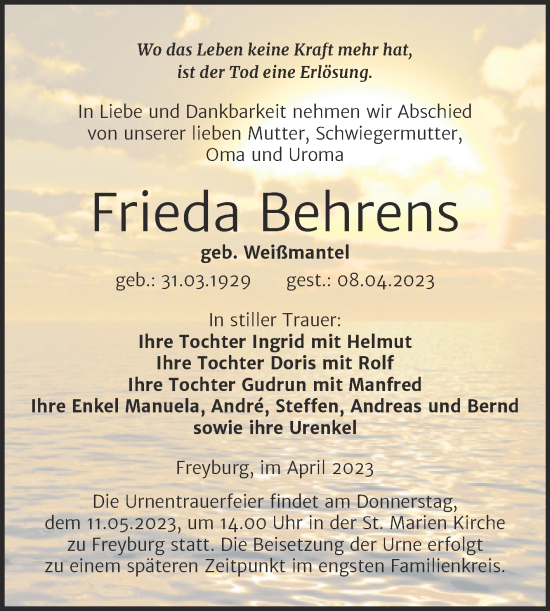 Traueranzeige von Frieda Behrens von Wochenspiegel Naumburg/Nebra