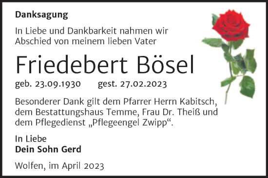 Traueranzeige von Friedebert Bösel von Trauerkombi Bitterfeld