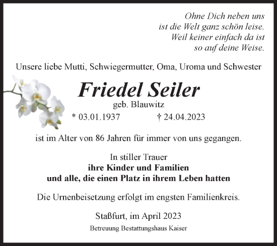 Traueranzeige von Friedel Seiler von Volksstimme Staßfurt