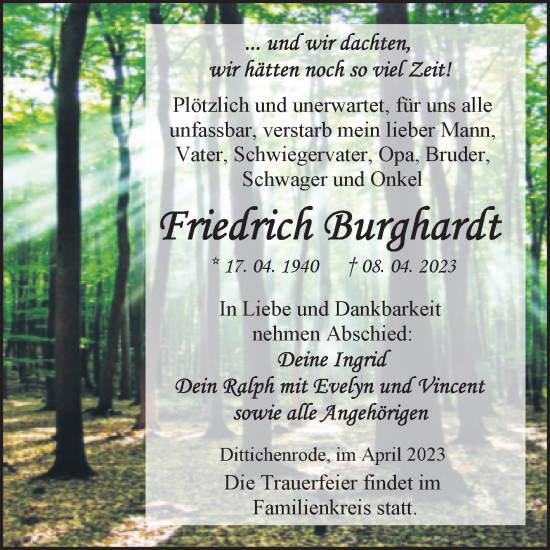 Traueranzeige von Friedrich Burghardt von Trauerkombi Sangerhausen
