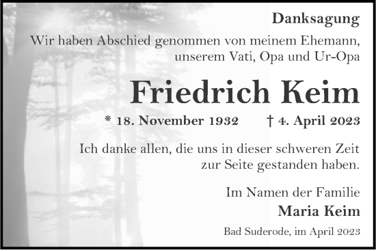 Traueranzeige von Friedrich Keim von Trauerkombi Quedlinburg
