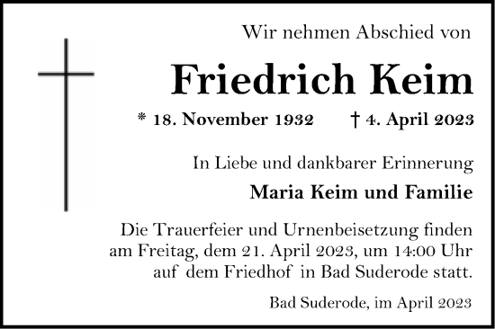 Traueranzeige von Friedrich Keim von Trauerkombi Quedlinburg