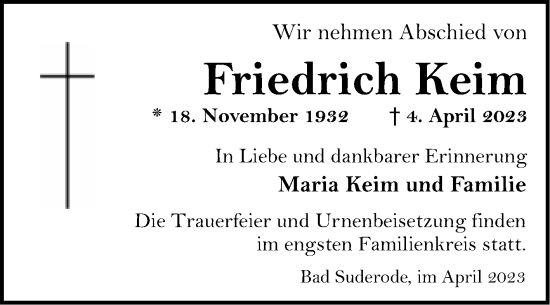 Traueranzeige von Friedrich Keim von Trauerkombi Bernburg