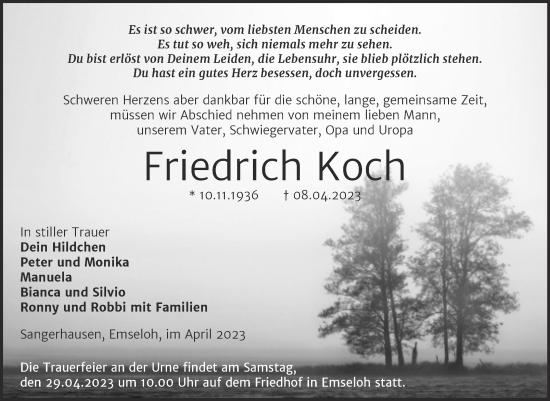 Traueranzeige von Friedrich Koch von Trauerkombi Sangerhausen