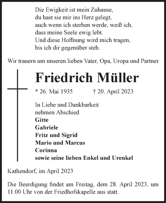 Traueranzeige von Friedrich Müller von Volksstimme Altmark Ost