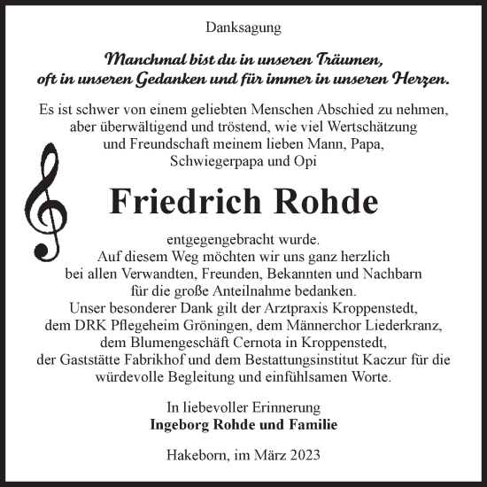 Traueranzeige von Friedrich Rohde von Volksstimme Staßfurt