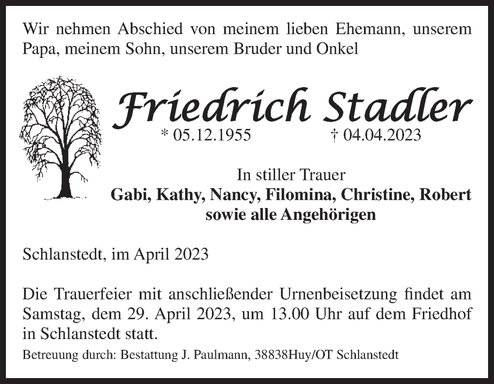  Traueranzeige für Friedrich Stadler vom 08.04.2023 aus Volksstimme Halberstadt