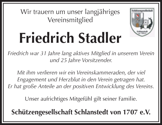 Traueranzeige von Friedrich Stadler von Volksstimme Halberstadt