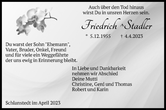 Traueranzeige von Friedrich Stadler von Volksstimme Halberstadt