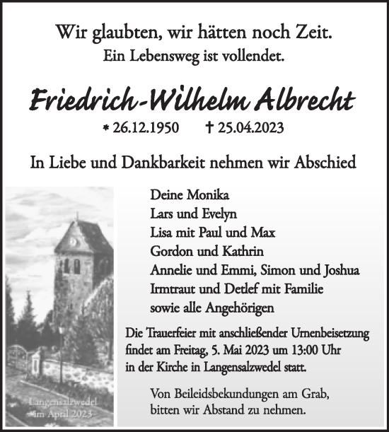 Traueranzeige von Friedrich-Wilhelm Albrecht von Volksstimme Altmark Ost