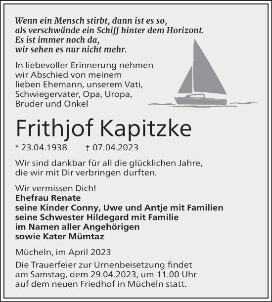 Traueranzeige von Frithjof Kapitzke von Trauerkombi Merseburg