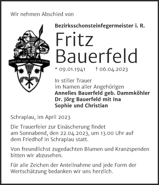 Traueranzeige von Fritz Bauerfeld von Mitteldeutsche Zeitung Mansfelder Land