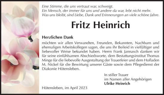 Traueranzeige von Fritz Heinrich von Volksstimme Oschersleben/Wanzleben