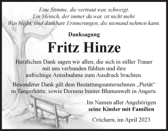 Traueranzeige von Fritz Hinze von Volksstimme Altmark Ost