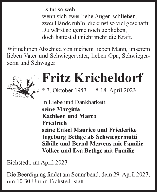 Traueranzeige von Fritz Kricheldorf von Volksstimme Altmark Ost