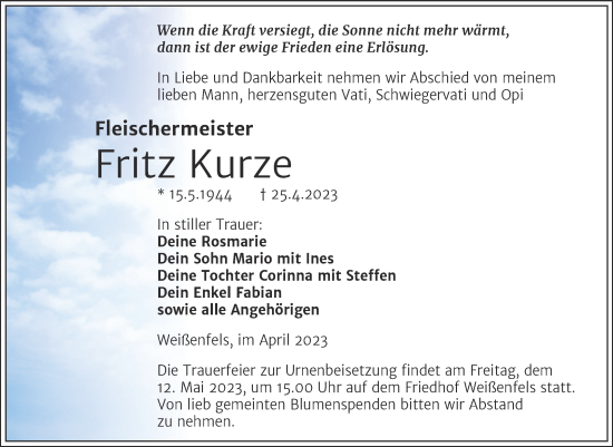 Traueranzeige von Fritz Kurze von Trauerkombi Weißenfels