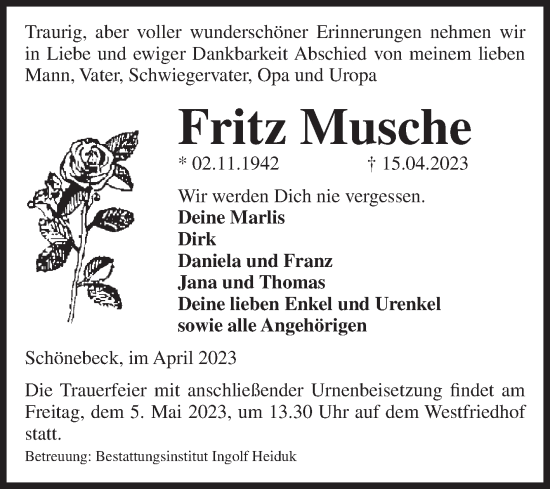 Traueranzeige von Fritz Musche von Volksstimme Schönebeck