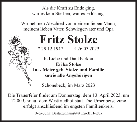 Traueranzeige von Fritz Stolze von Volksstimme Schönebeck